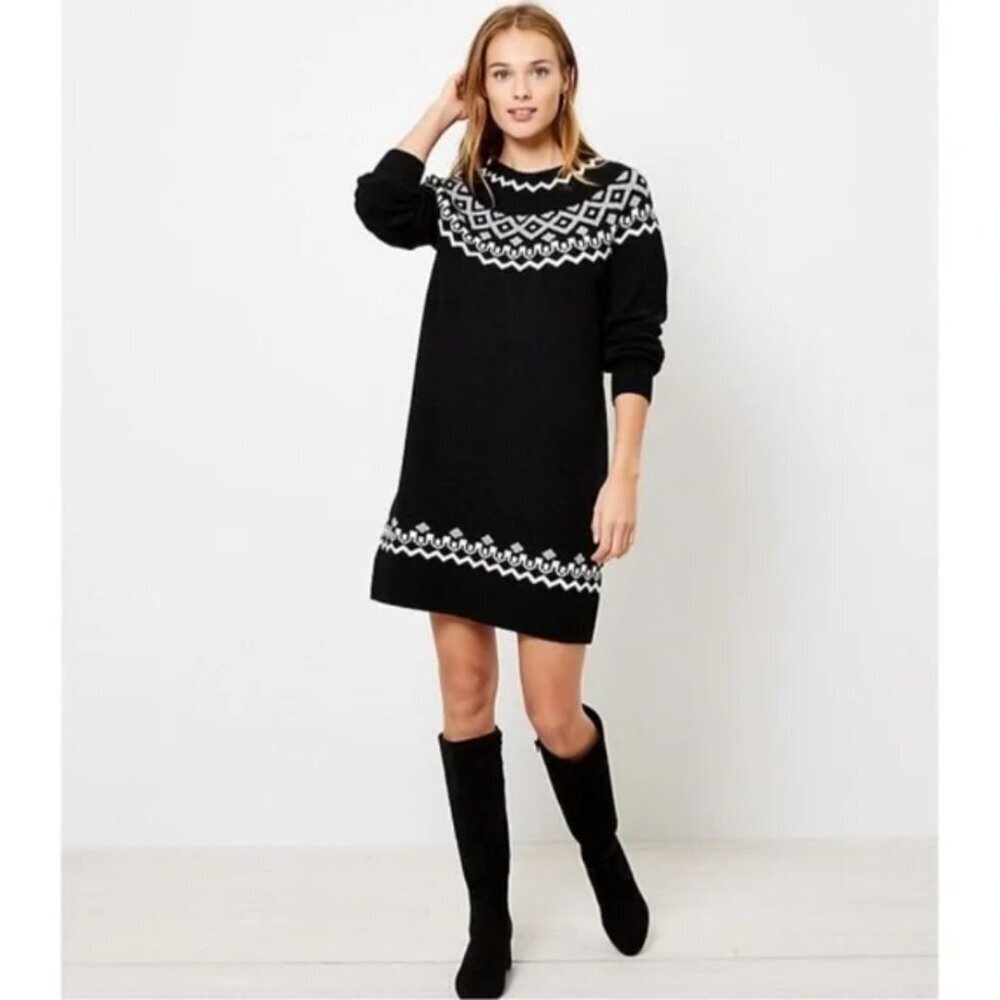 Ann Taylor LOFT Black Fair Isle‎ Long Sleeve Sweater Dress S